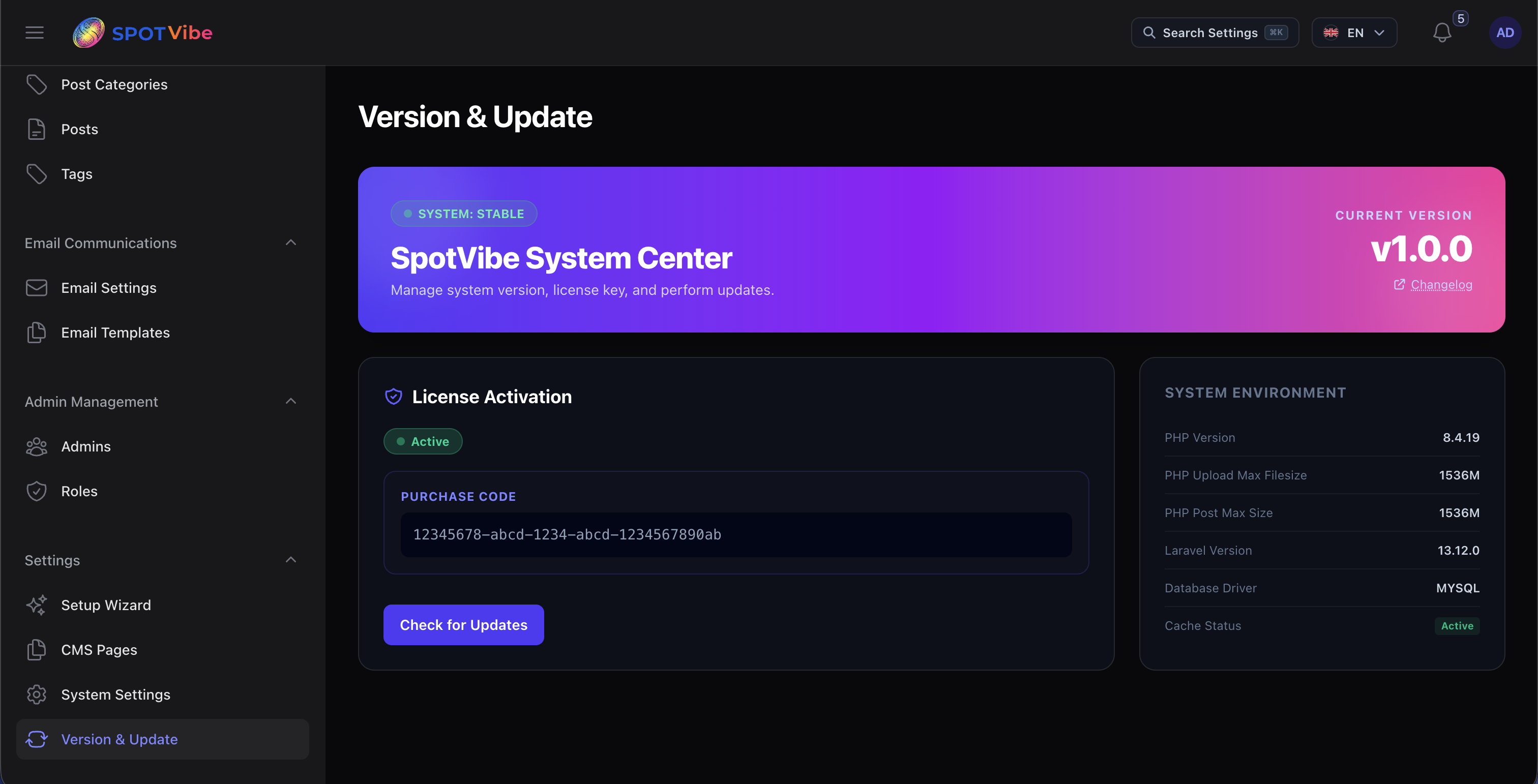 Admin Portal - License Activation & Update Check