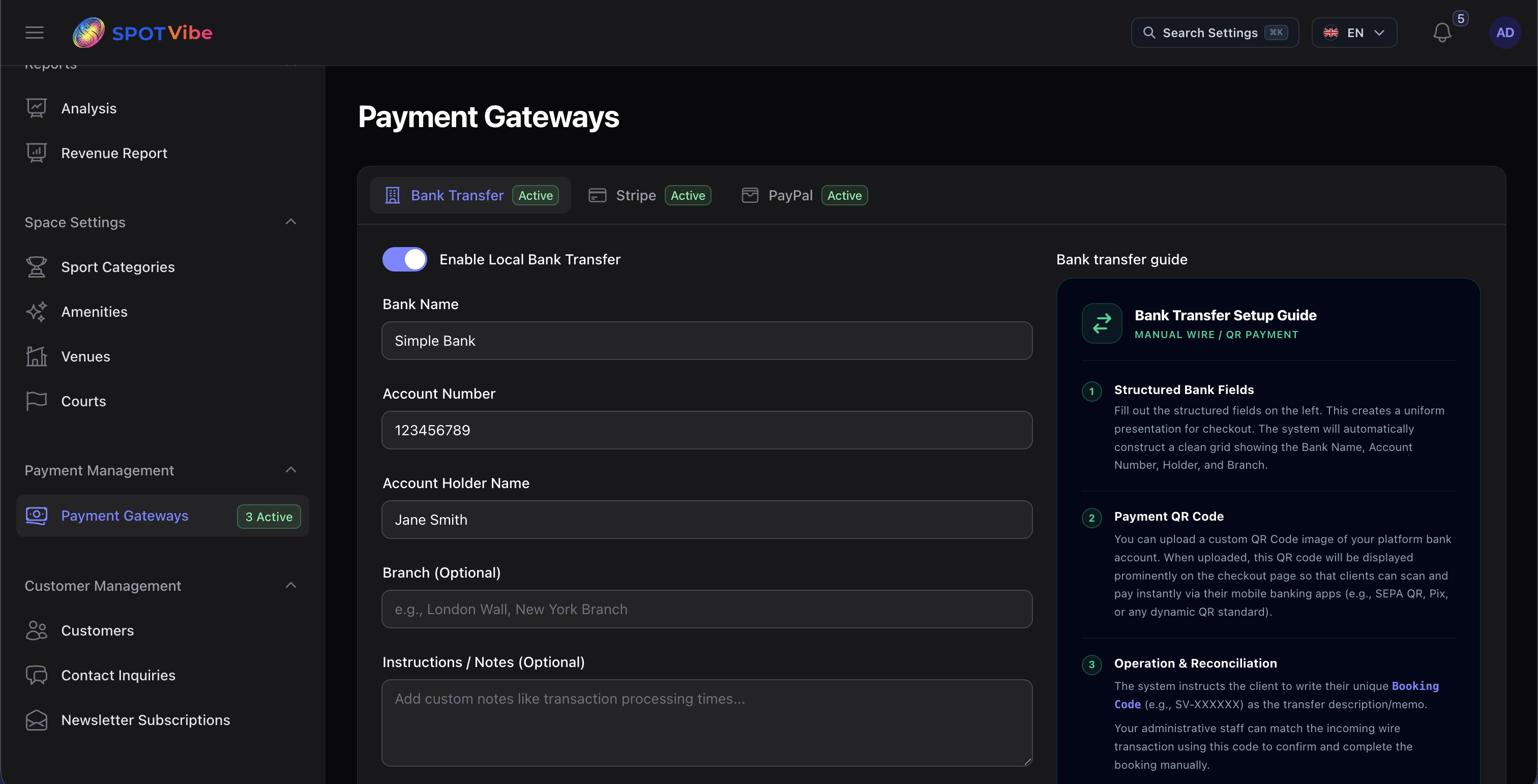 Admin Portal - Bank Transfer Settings