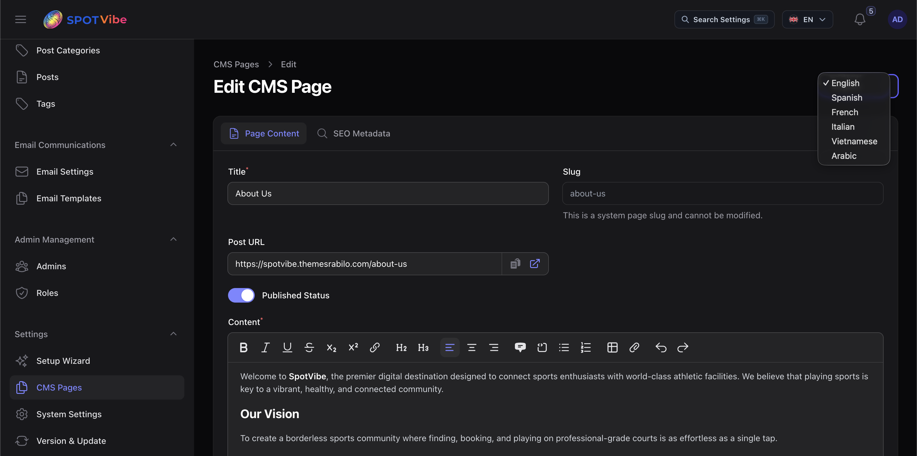 Filament Admin - CMS Page Detail
