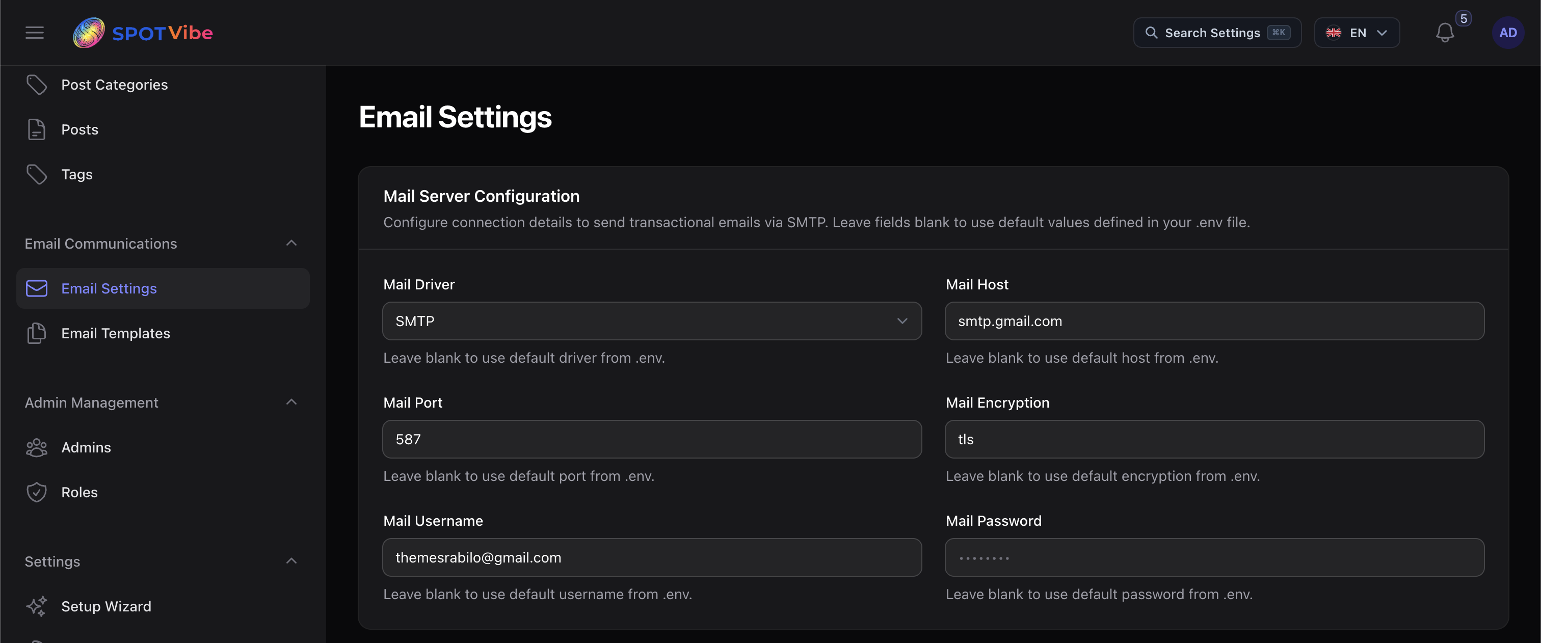 Admin Portal - SMTP Credentials Settings