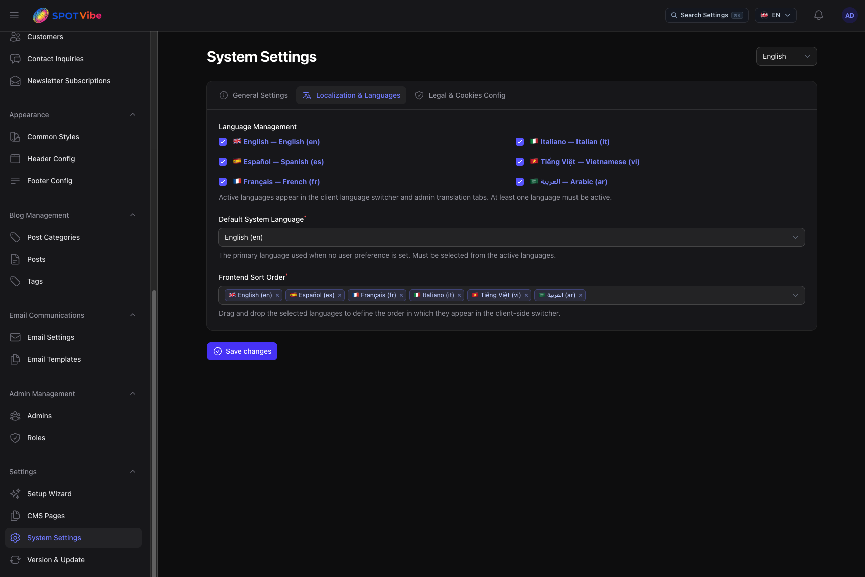 Admin Portal - Localization Settings