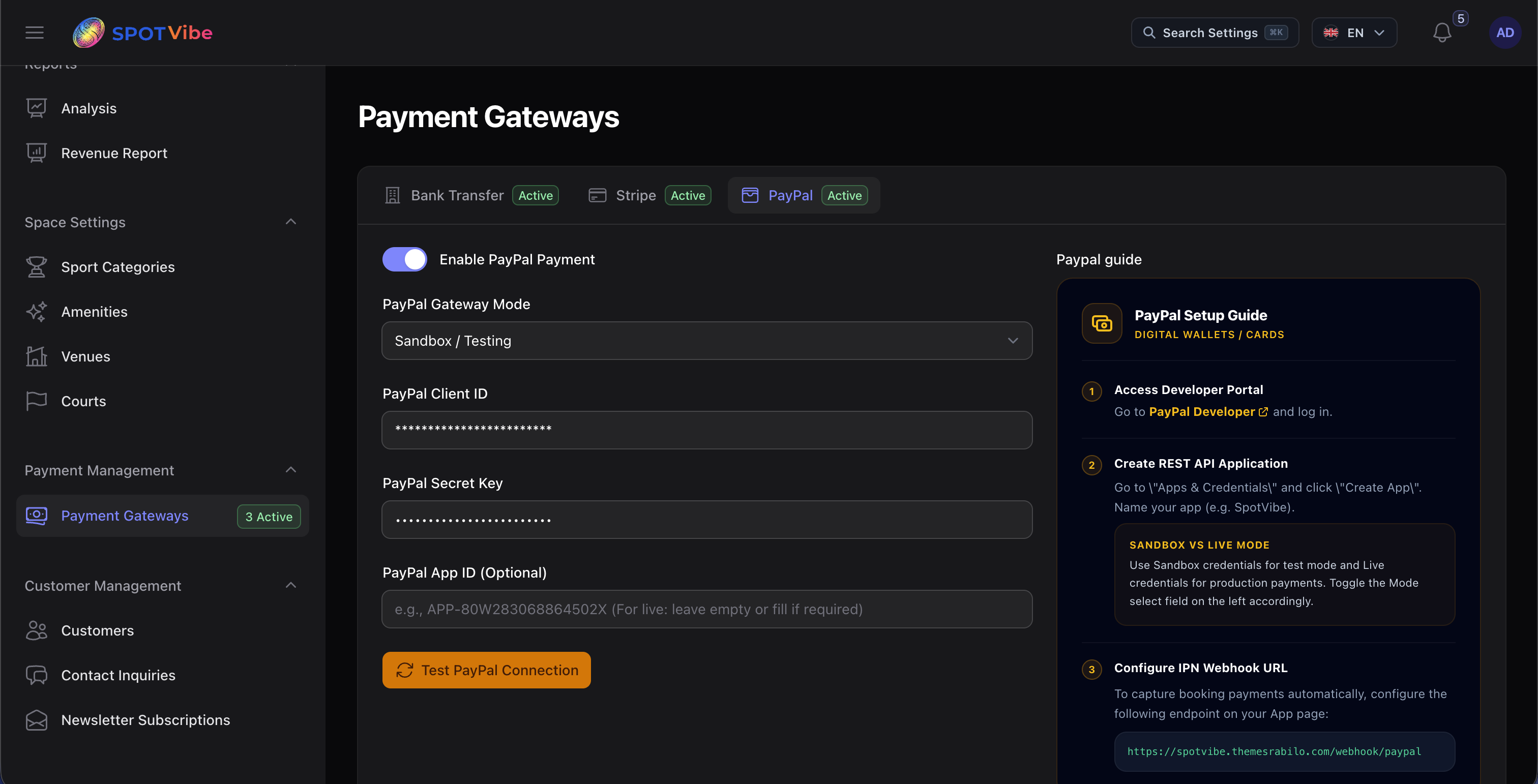 Admin Portal - PayPal Configuration Panel