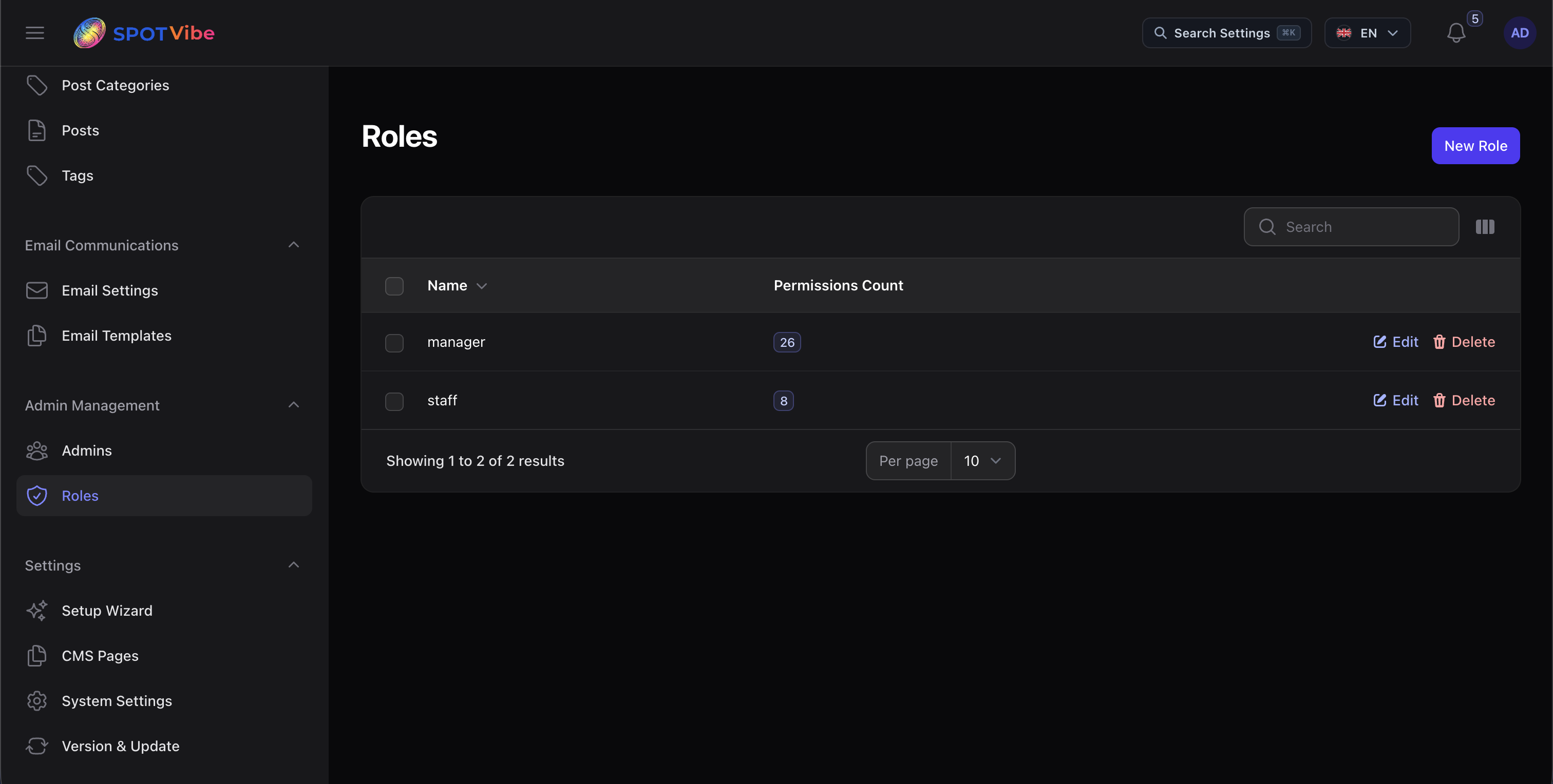 Filament Admin - Roles List