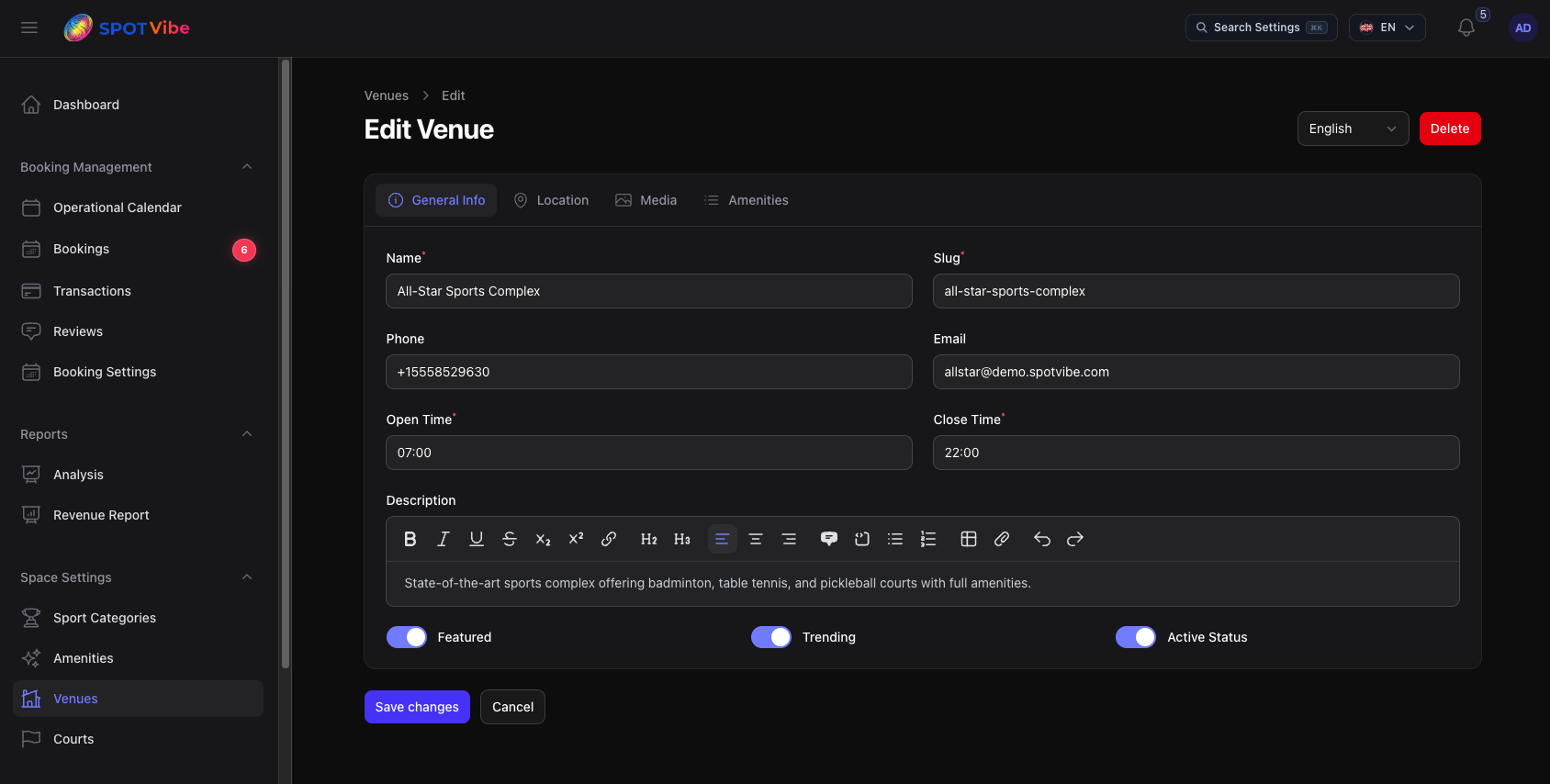 Filament Manager Dashboard - Venue General Settings