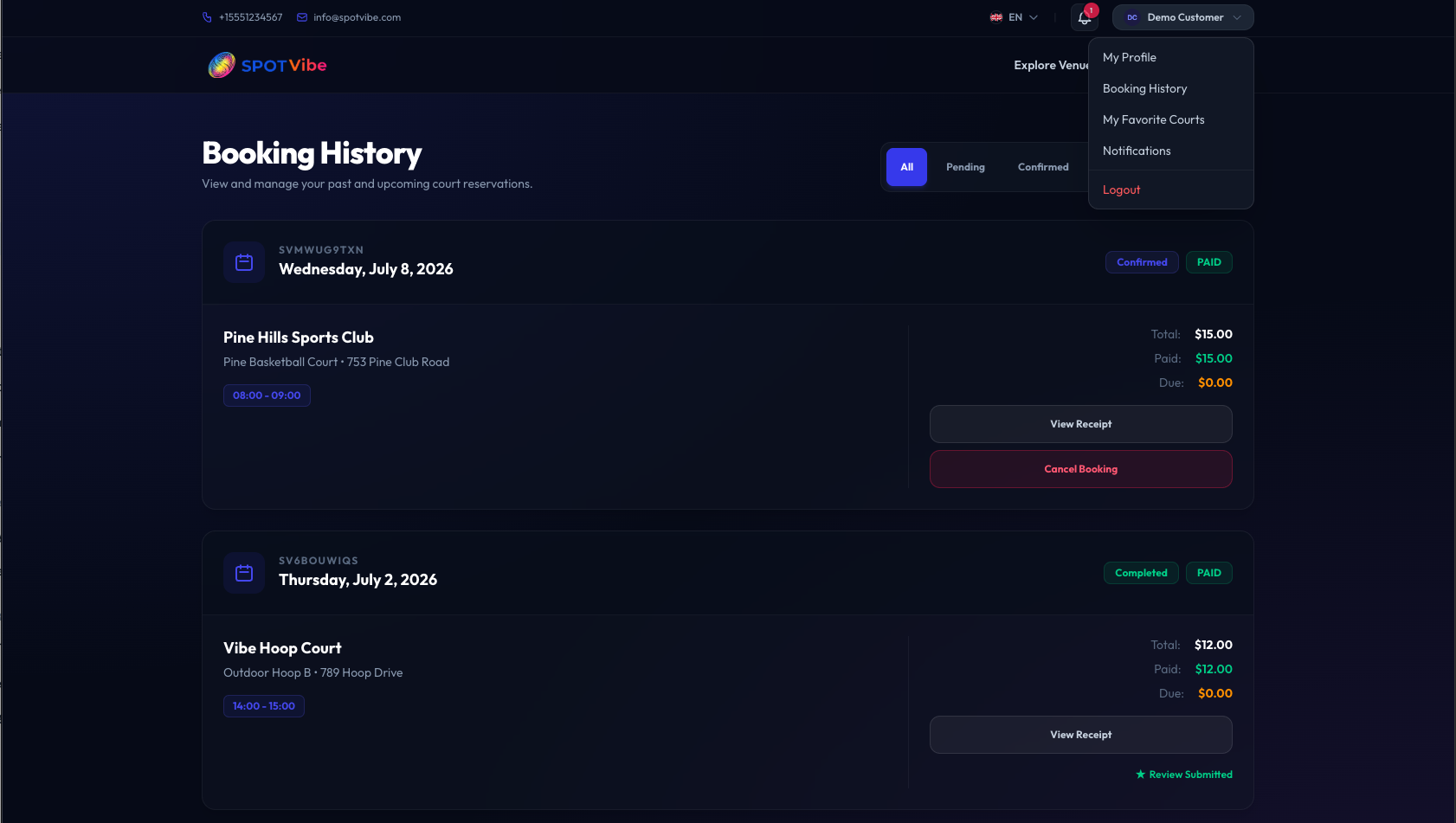 Customer Account Dashboard - Bookings List