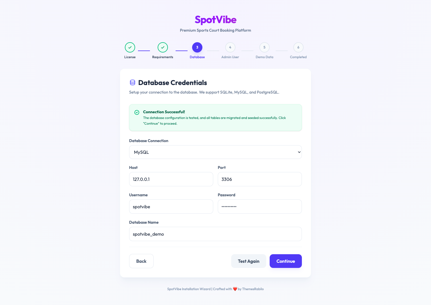 Web Installer - Database Setup Screen